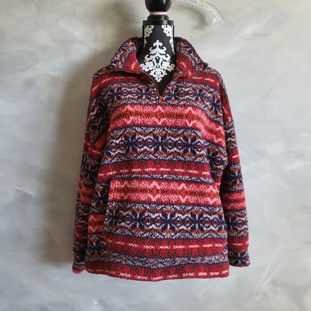American Eagle Women's Aztec Fleece 1/4 Zip Red Fair Isle Jacket Size L Sherpa
